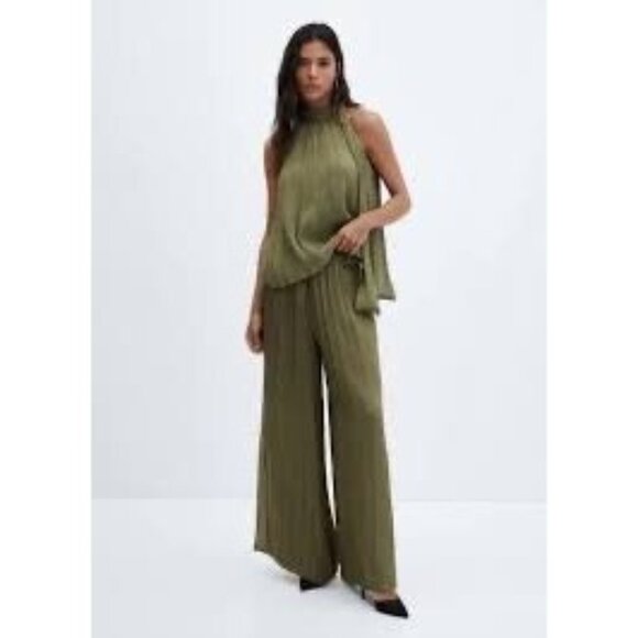 Mango Pants - Mango Womens Pleats Ribbed Pull On Wide Leg Pants Olive Small